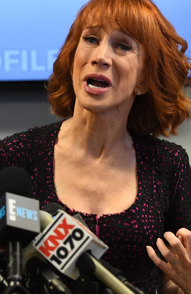 Griffin during her rambling press conference. Picture: AFP