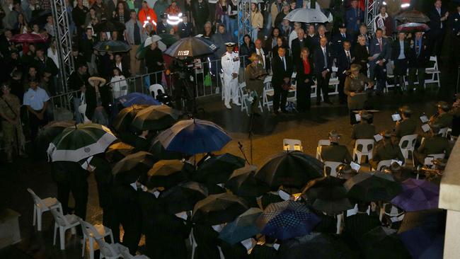 Members of the public braved the rain during the Anzac Day Dawn Service at the Shrine of Remembrance. Picture: NCA NewsWire/Tertius Pickard