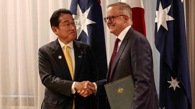 Fumio Kishida and Anthony Albanese are embarking on upgraded defence and security co-operation in light of the deteriorating security environment in our region. Picture: AFP