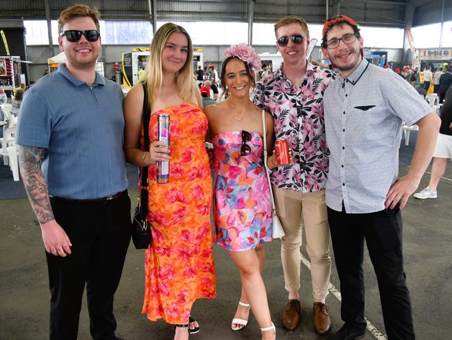 From left to right: Tyler Mason, Jaymee Eastwood, Courtney Harvey, Riley Pirotta and Ben Casey enjoying all the action at the Ladbrokes Cranbourne Cup on Saturday, November 23, 2024. Picture: Jack Colantuono