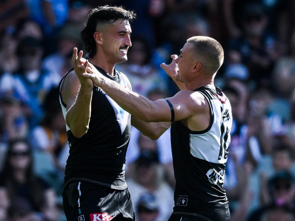 ADELAIDE, AUSTRALIA - MARCH 17:  Ivan Soldo of the Power  celebrates a goal  with  Ollie Wines of the Power during the round one AFL match between Port Adelaide Power and West Coast Eagles at Adelaide Oval, on March 17, 2024, in Adelaide, Australia. (Photo by Mark Brake/Getty Images)