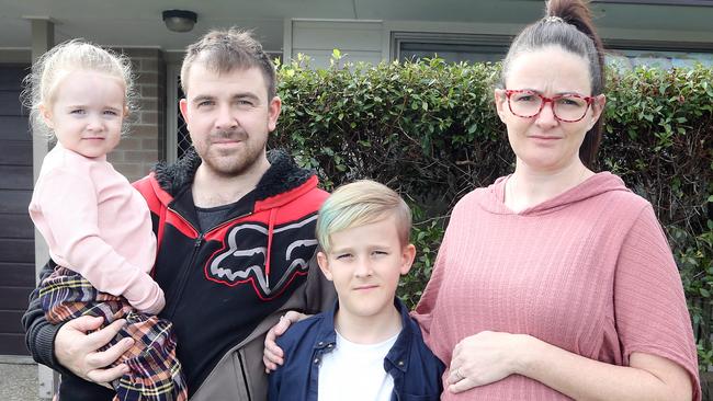 Families have been impacted by collapse, including Tara Ferguson, who is pregnant, her partner Brodie Lehner and their children Cameron, 9 and Kayliegh, 3. Picture: Richard Gosling