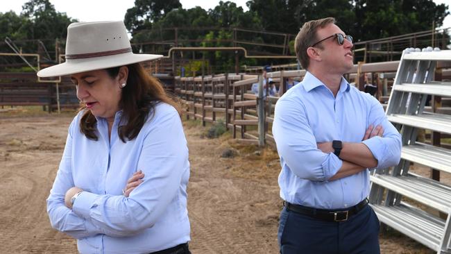 Queensland Premier Annastacia Palaszczuk (left) and Deputy Premier Steven Miles (right) are seen at the Longreach saleyards in the western Queensland town of  Longreach, Tuesday, May 4, 2021. The cabinet of Premier Palaszczuk's Queensland government is meeting in Longreach as part of her tour of regional Queensland. (AAP Image/Darren England) NO ARCHIVING