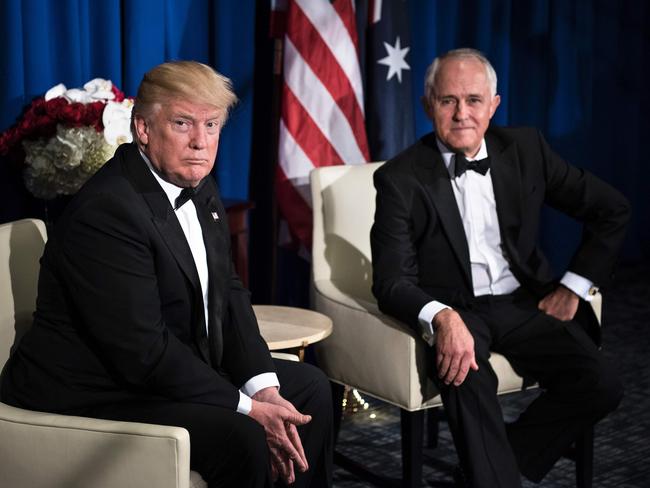 Donald Trump and Malcolm Turnbull (finally) meet. Picture: AFP/Brendan Smialowski