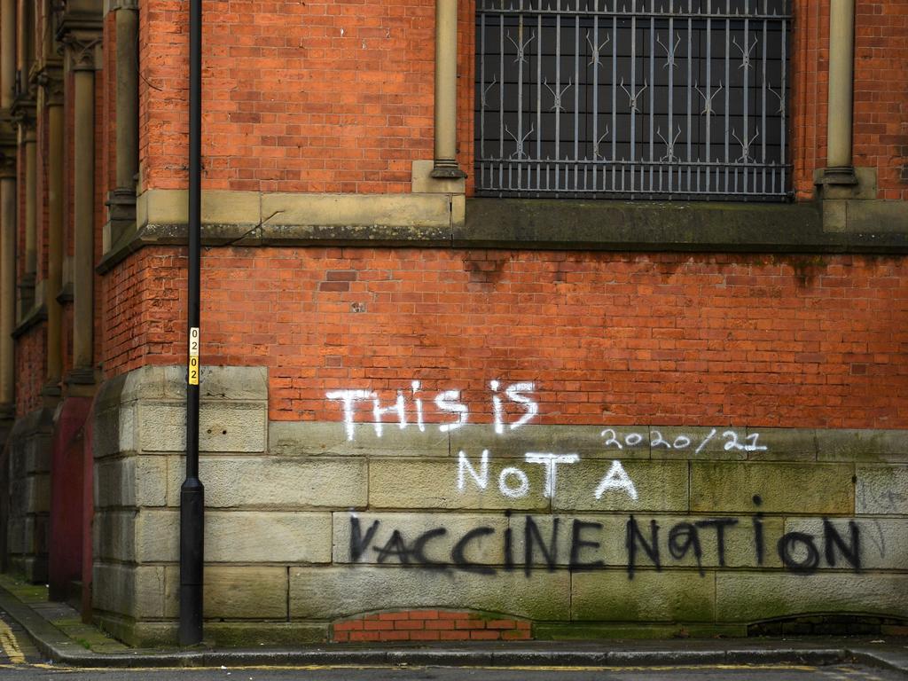 Anti-vaccine graffiti in Manchester. Picture: Oli Scarff / AFP