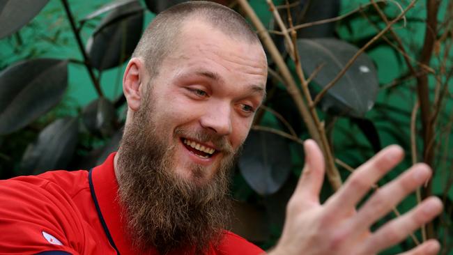 Melbourne ruckman Max Gawn speaks to Mark Robinson. Picture: Wayne Ludbey