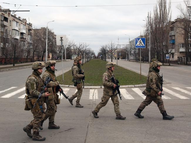 Ukrainian servicemen patrol the small town of Severodonetsk in the Donetsk Region. Picture: AFP