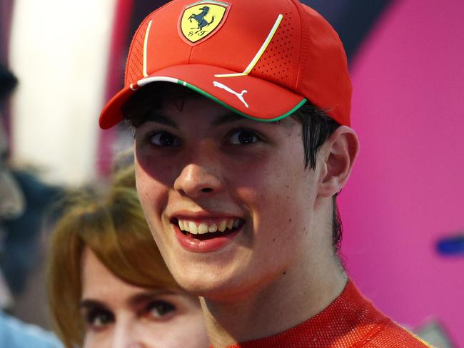 JEDDAH, SAUDI ARABIA - MARCH 09: 7th placed Oliver Bearman of Great Britain and Ferrari talks to the media in the Paddock after  the F1 Grand Prix of Saudi Arabia at Jeddah Corniche Circuit on March 09, 2024 in Jeddah, Saudi Arabia. (Photo by Clive Rose/Getty Images)