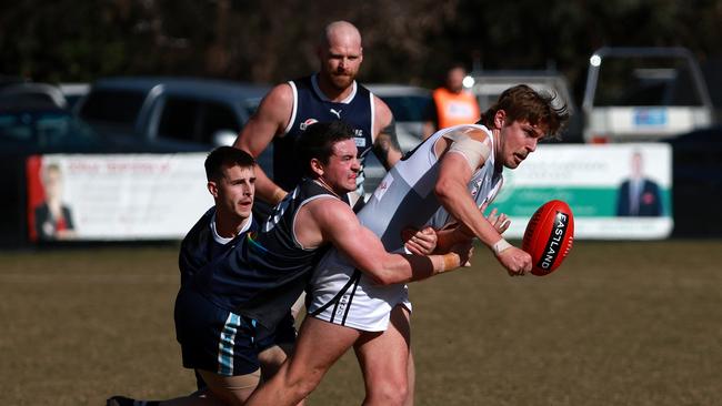 EFNL: Jacob Warne of Oakleigh District can’t escape. Picture: Hamish Blair