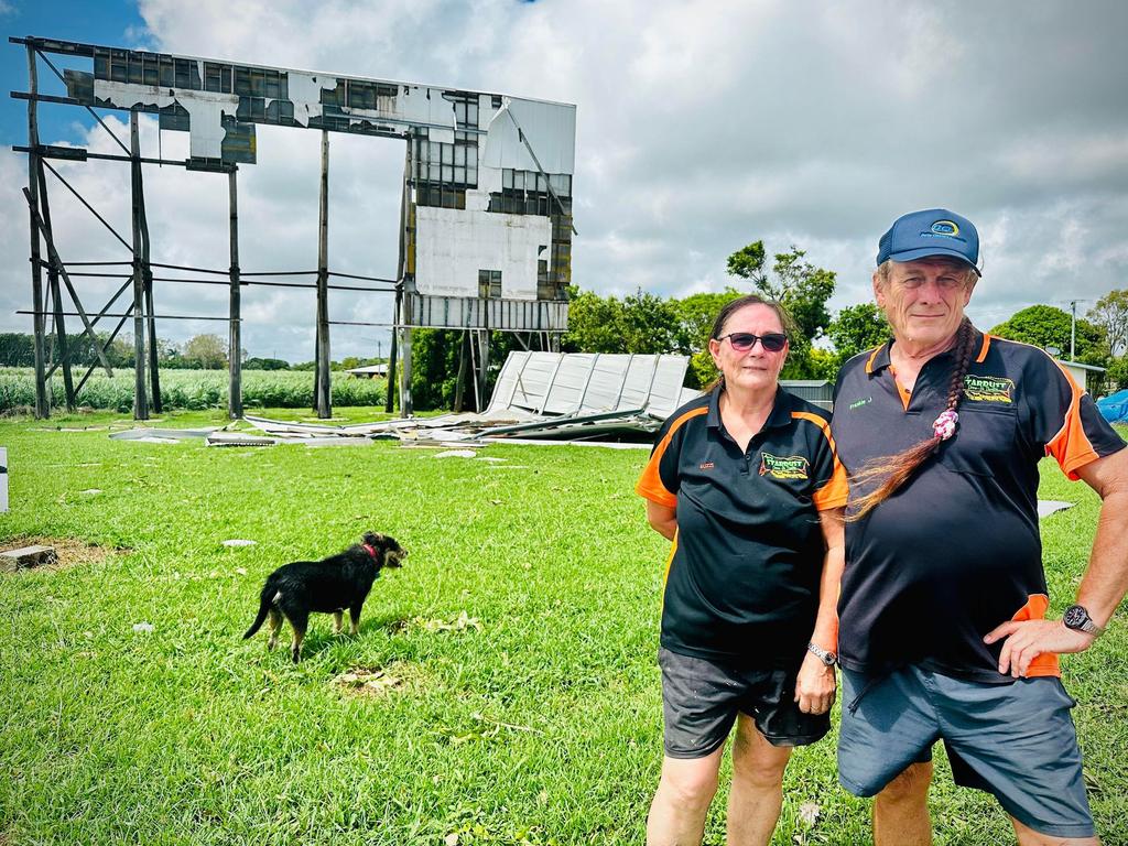 Frank and Suzzi Jerkic survey the Damage left behind by Cyclone Kirrily at the Stardust Drive-In. Picture: Cas Garvey