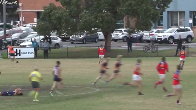 The collision left Kye Beveridge (pictured on ground, left) sidelined for the rest of the match. 