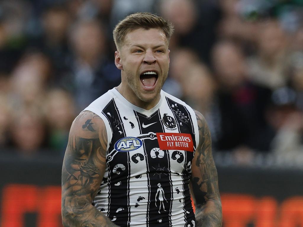 Jordan De Goey celebrates his matchwinning goal. Picture: Michael Klein