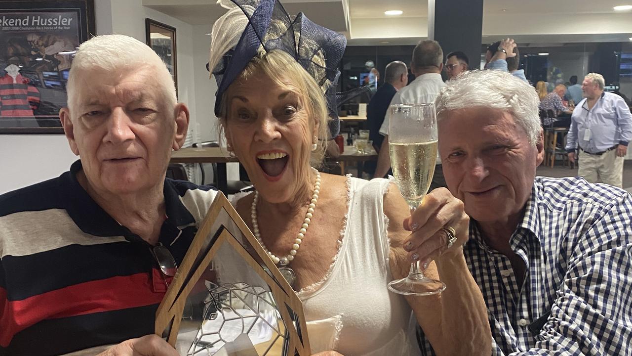 Hearts are Better co-owners Joanie and Richard Foster (centre and far right) are celebrating their win in the 3YO Jewel Day race on Saturday at the Gold Coast Turf Club.