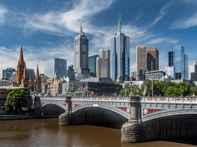 Yarra River and the city skyline of Melbourne, Victoria, Australia.