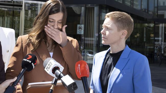 Brittany Higgins with ACT Victims of Crime Commissioner Heidi Yates outside court. Picture: NCA NewsWire / Gary Ramage