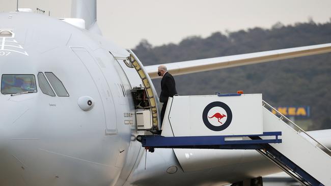 Scott Morrison at RAAF Fairbairn in Canberra. Picture: NCA NewsWire / Gary Ramage