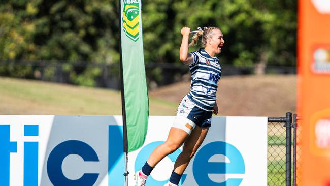 Jacinda Summers celebrates a score as the Darwin Brothers beat the Palmerston Raiders in the 2024 NRL NT women's grand final. Picture: Pema Tamang Pakhrin