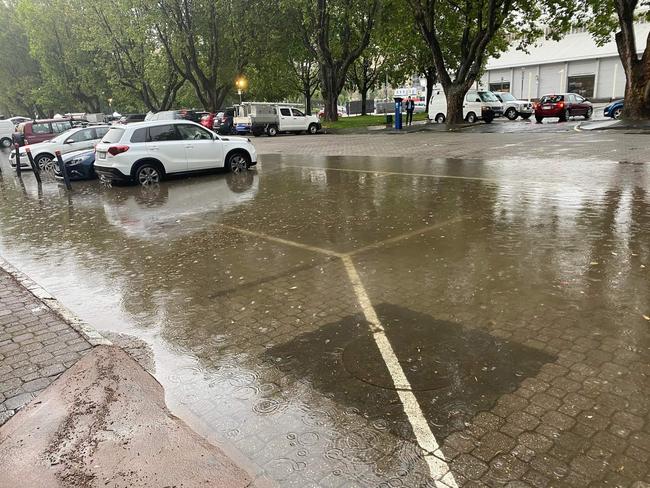 Flooding in Salamanca Place. Picture: ANNIE McCANN