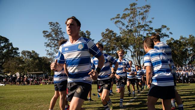 Nudgee College hooker Ronin Nutley runs out for Round One of the 2019 GPS First XV season. Photo: Brody Grogan, Nudgee College.