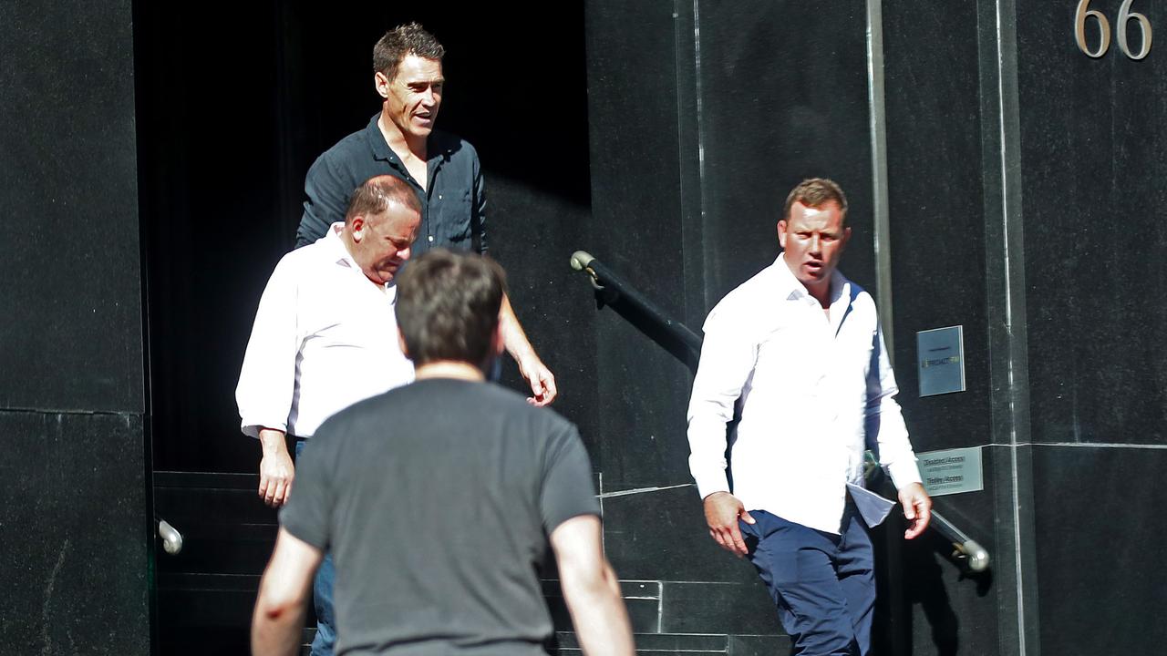 Jeremy Cameron leaves Rockpool Bar and Grill with assistant coach Steve Johnson and Giants CEO Dave Matthews after meeting with Channel 7 CEO James Warburton on Wednesday afternoon. Picture: Toby Zerna