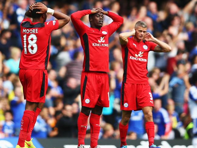 Leicester player can’t believe David Nugent’s miss.