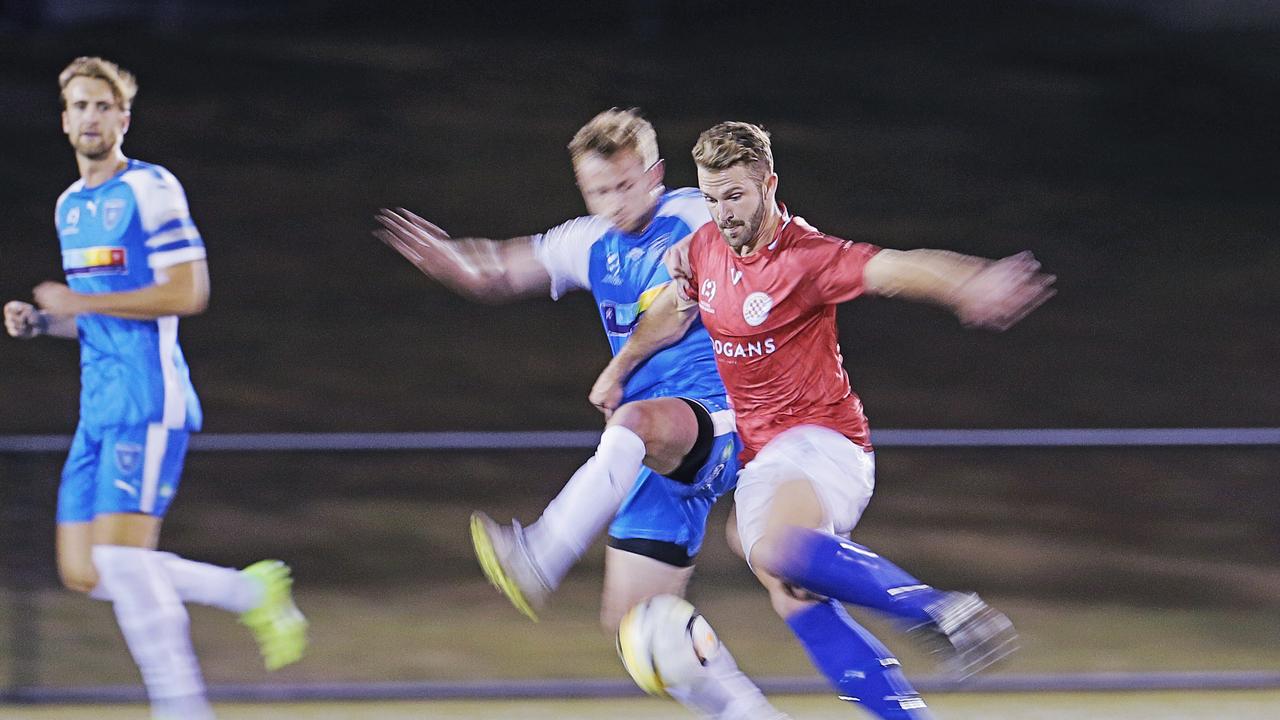 <p>Jacob Leaman tackles Rowan Heggie in the Glenorchy v Olympia soccer match at Glenorchy in March, 2019. Picture: MATHEW FARRELL</p>