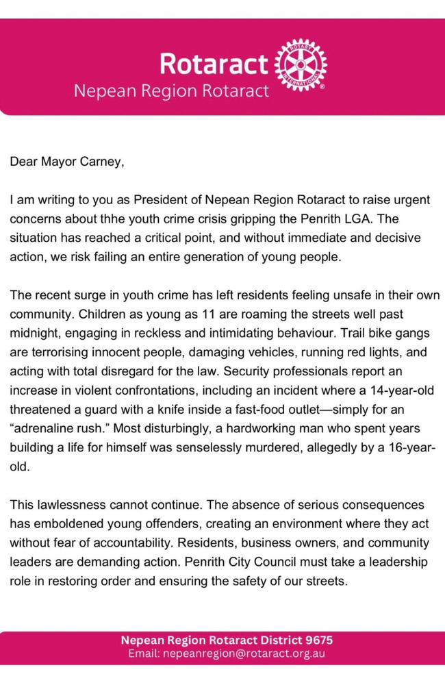 A letter to Penrith Mayor Todd Carney on behalf of the Nepean Region Rotaract Club, penned by president Jacob Gormley.