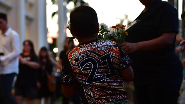 Hundreds of Top End residents gathered outside the NT Parliament on Wednesday for a vigil for Kumanjayi White, a 24-year-old Warlpiri man with a disability who died after being restrained by police in the Alice Springs Coles. Picture: Zizi Averill