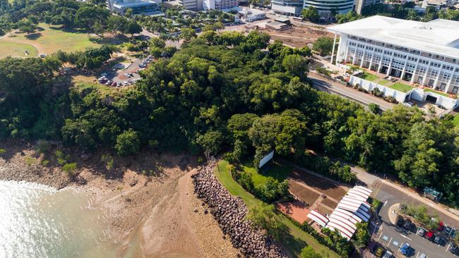 The back of The Deckchair Cinema’s screen (bottom right) — the closest point to the proposed RSL clubhouse site — is located about 80m from the existing carpark (top left) where the RSL wants to rebuild. Picture: NT News