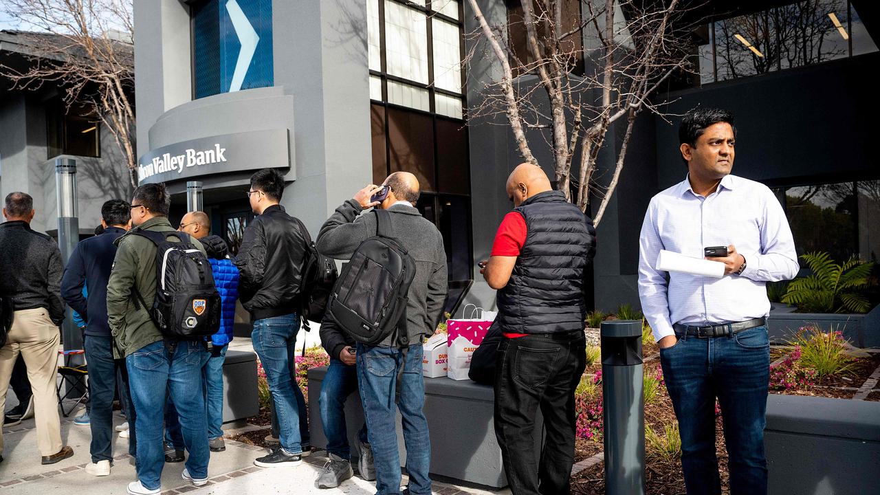 Silicon Valley Bank customers wait at SVB’s headquarters in Santa Clara, California on March 13, 2023. Picture: Noah Berger/AFP