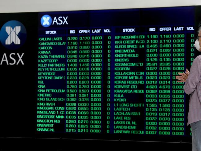 SYDNEY, AUSTRALIA - NewsWire Photos OCTOBER 21, 2020: The screen pictured at the Australian stock exchange, Sydney CBD. Australian stocks are tipped to open higher after gains on Wall Street, where major indexes were higher in afternoon trade on renewed stimulus hopes.Picture: NCA NewsWire / Damian Shaw