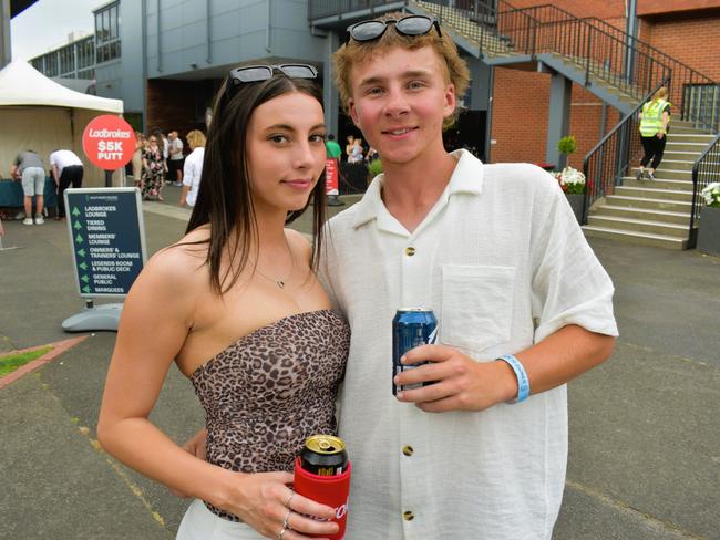 Liv Murphy and Cody Silvester enjoying all the action at the Ladbrokes Cranbourne Cup on Saturday, November 23, 2024. Picture: Jack Colantuono