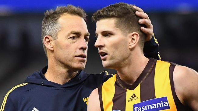 Breust receives some acknowledgement from Alastair Clarkson after a six-goal performance against the Bulldogs in Round 16. Picture: Getty Images