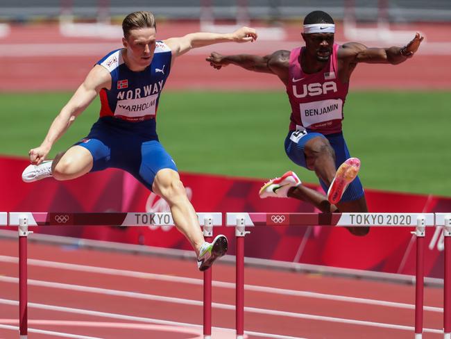 Karsten Warholm and Rai Benjamin in the 400m hurdles final. Picture: Getty Images