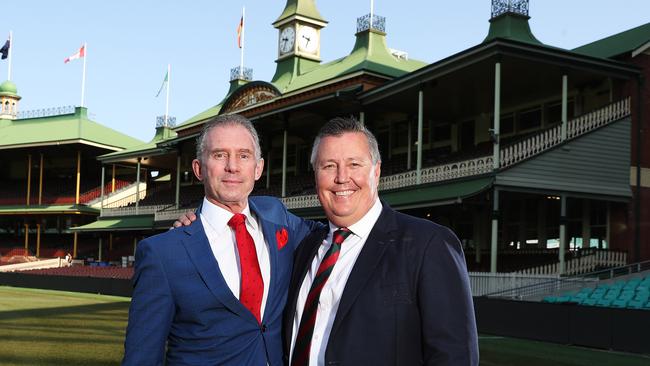 Former Rabbitohs player Mark Ellison and former Dragons player Brian Johnston. Picture: Brett Costello