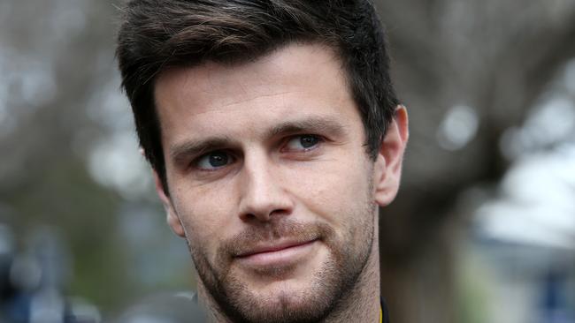 Trent Cotchin faces the media after being cleared by the AFL’s MRP. Pic: Michael Klein