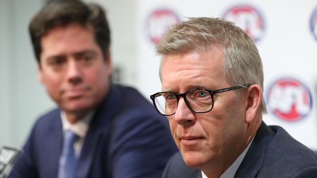 MELBOURNE, VICTORIA – AUGUST 31: AFL Chief Executive Gillon McLachlan and AFL General Manager Football Operations Steven Hocking address the media after Steve Hocking was announced as the new AFL General Manager of Football Operations at AFL House on August 31, 2017 in Melbourne, Australia. (Photo by Scott Barbour/AFL Media/Getty Images)