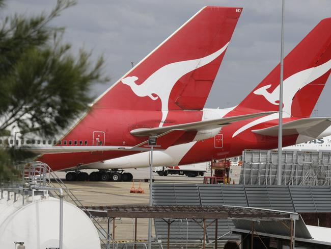 Tails of two new Qantas A380 aircraft grounded at Qantas Jet Base at Sydney Airport.