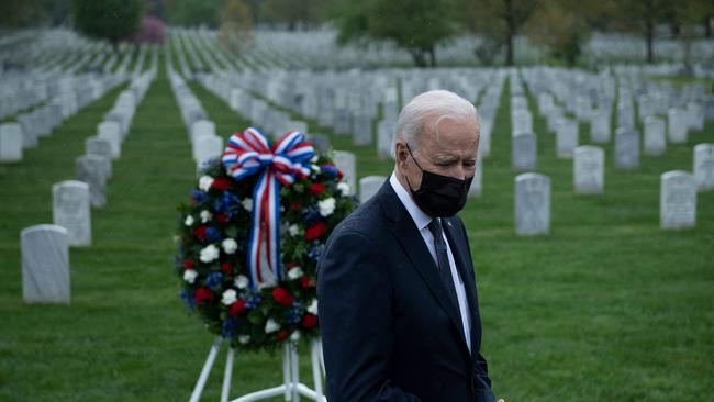 US President Joe Biden at Arlington National Cemetery's section 60, where many of those killed serving in Afghanistan are buried. Picture: AFP