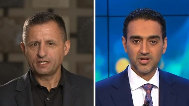 Social researcher Kos Samaras (left) was grilled by Waleed Aly on The Project about the solutions to Australia’s ageing population. Picture: Channel 10