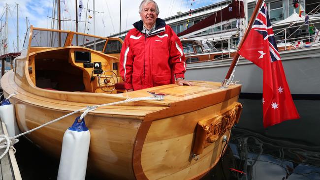 Bruce Jessup, of Launceston, with Huon pine boat Geronimo. Picture: NIKKI DAVIS-JONES