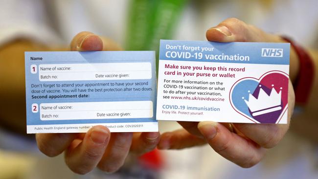 A card which will be given to patients following their vaccination for COVID-19 at Croydon University Hospital in south London. Picture: AFP