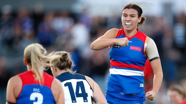 Bonnie Toogood jumps for joy after kicking a goal. Picture: Getty Images