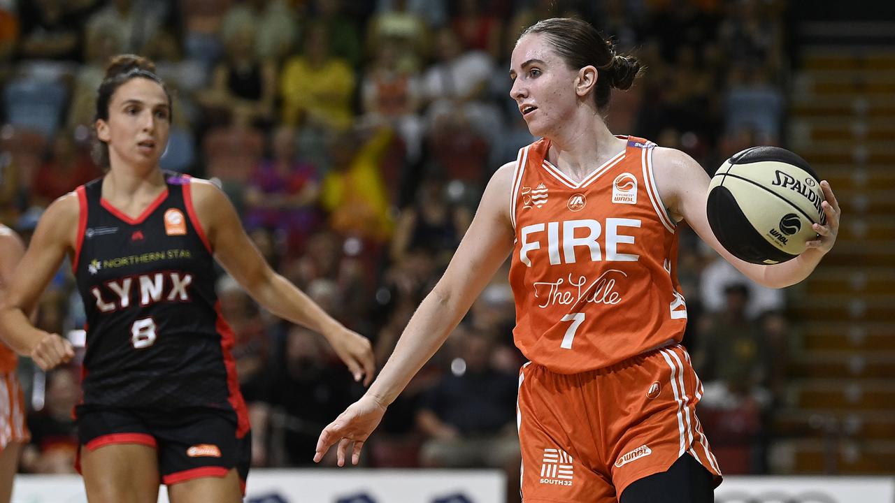 Courtney Woods of the Fire in action during game two of the WNBL Semi Final series between Townsville Fire and Perth Lynx at Townsville Entertainment Centre, on February 26, 2025, in Townsville, Australia. (Photo by Ian Hitchcock/Getty Images)