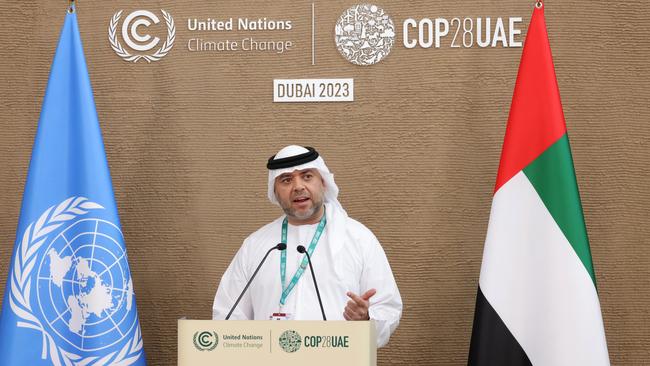 Majid Al-Suwaidi, Director General of the COP28 Climate Conference addresses the media. Picture: Getty