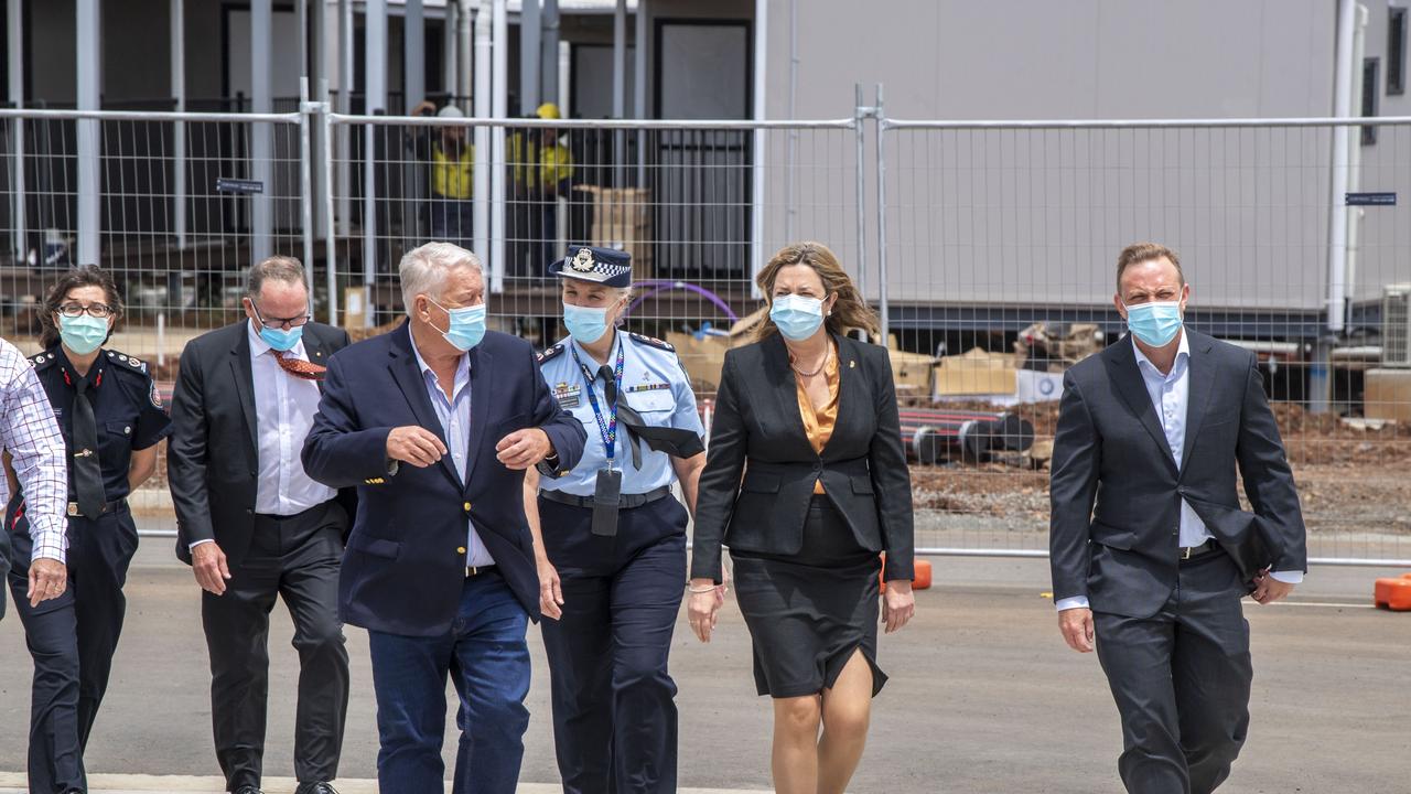 John Wagner with Queensland Premier Annastacia Palaszczuk and Deputy Premier Steven Miles visit the Wellcamp quarantine hub. Wednesday, February 16, 2022. Picture: Nev Madsen.