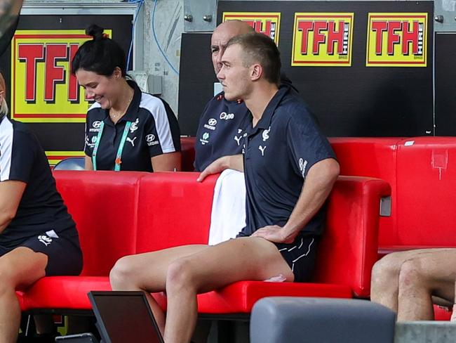 Patrick Cripps of the Blues is subbed out of the game during the 2022 AFL Round 04 match between the Gold Coast Suns and the Carlton Blues. Picture: Russell Freeman/AFL Photos via Getty Images