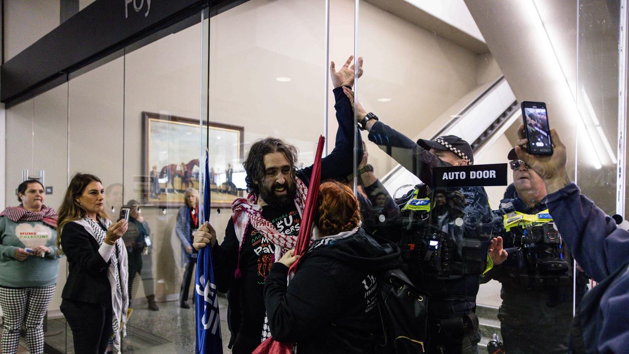 Pro-Palestine protesters confronted members of Victoria Police as they attempted to enter the Mooney Valley Racecourse as the ALP conference occurred inside. Picture: NewsWire / Diego Fedele