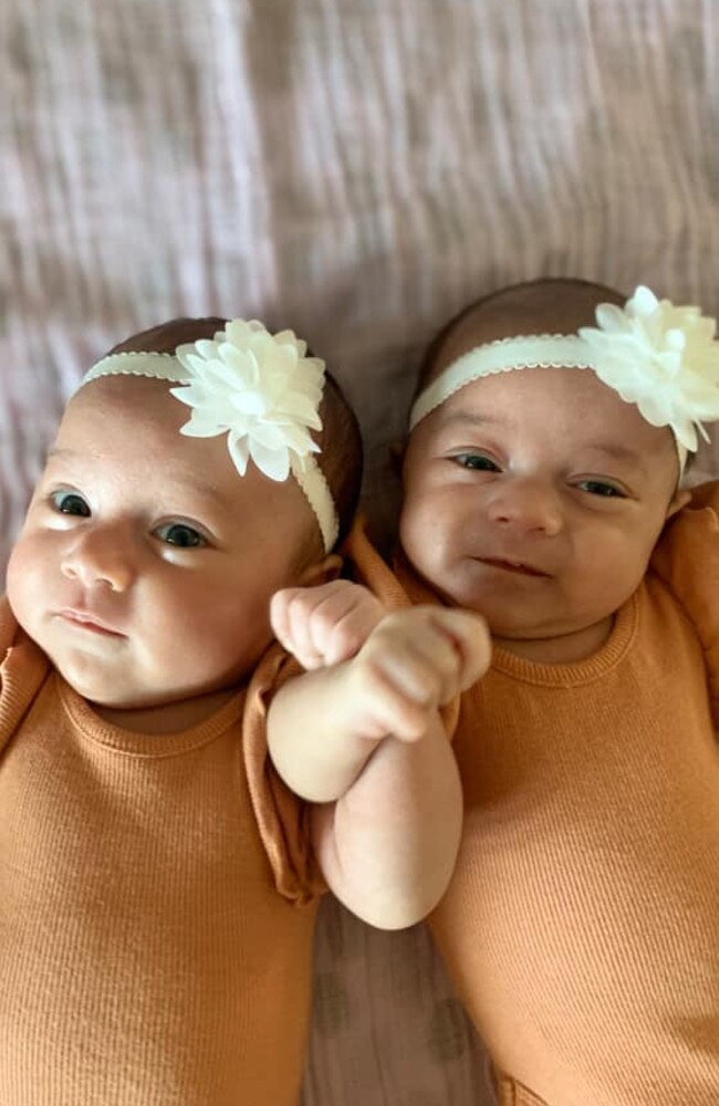Twins Ella Louise (left) and Lavenia Jane Uluakiola were born one minute apart at 36 weeks on January 20, 2022.The newborn siblings spent the first five days in Mackay Base Hospital's special care nursery because they were premature and underweight, and mum Marie Burki had tested positive to Covid-19.But, despite it all, the beautiful girls are happy and healthy, and Ms Burki says they could not be more perfect. Picture: Marie Burki