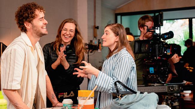 McCluskey (centre) on the set of Nugget is Dead. Picture: Andrew Fraser, Kirsty Griffin, Connor Patterson, Amalia Stramatos